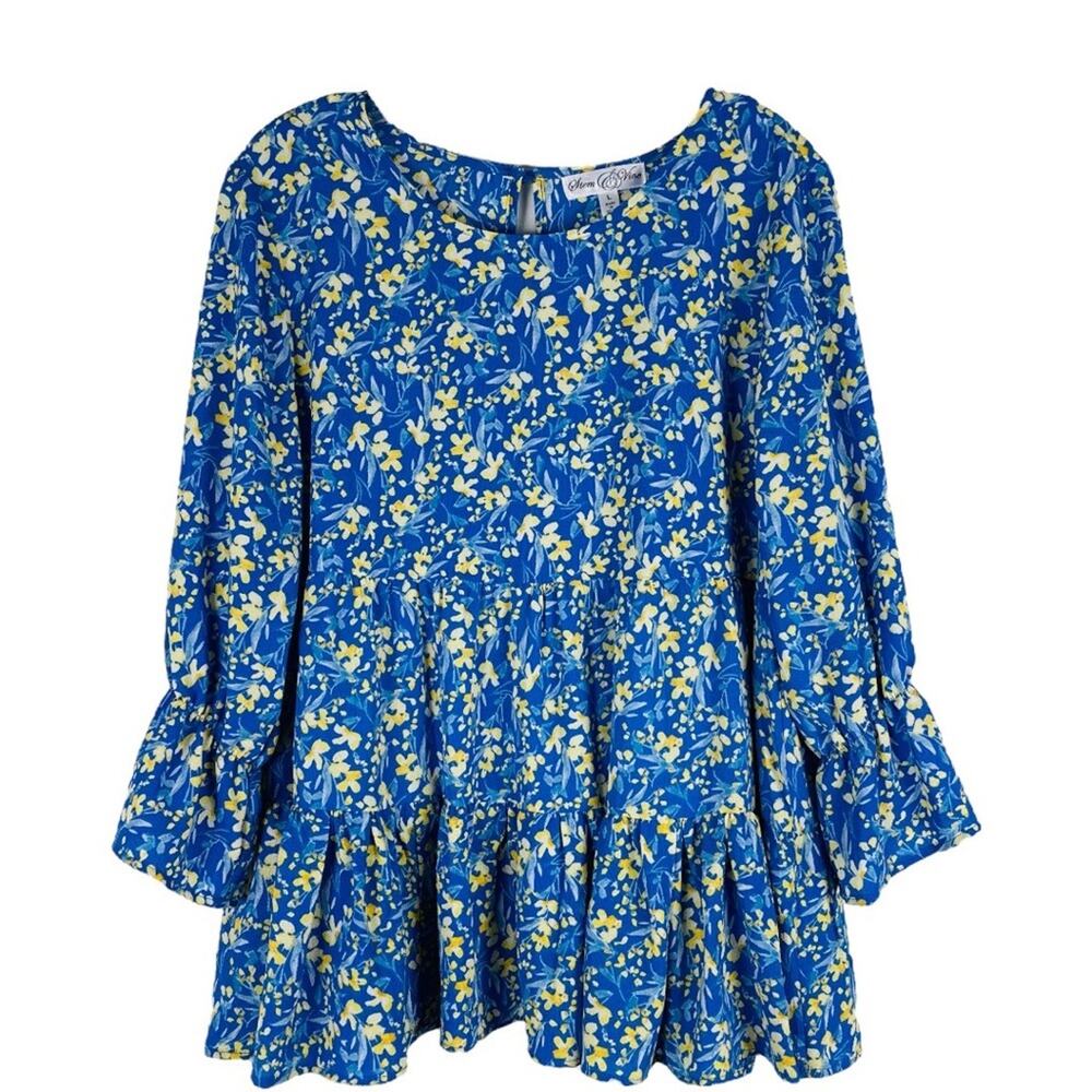Stem & Vine blue yellow floral cottagecore ruffle tiered babydoll top large